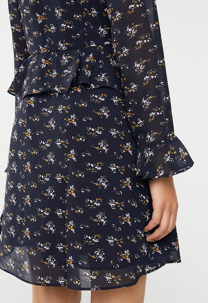 Brave Soul - Long sleeve floral dress with ruffle waist - navy