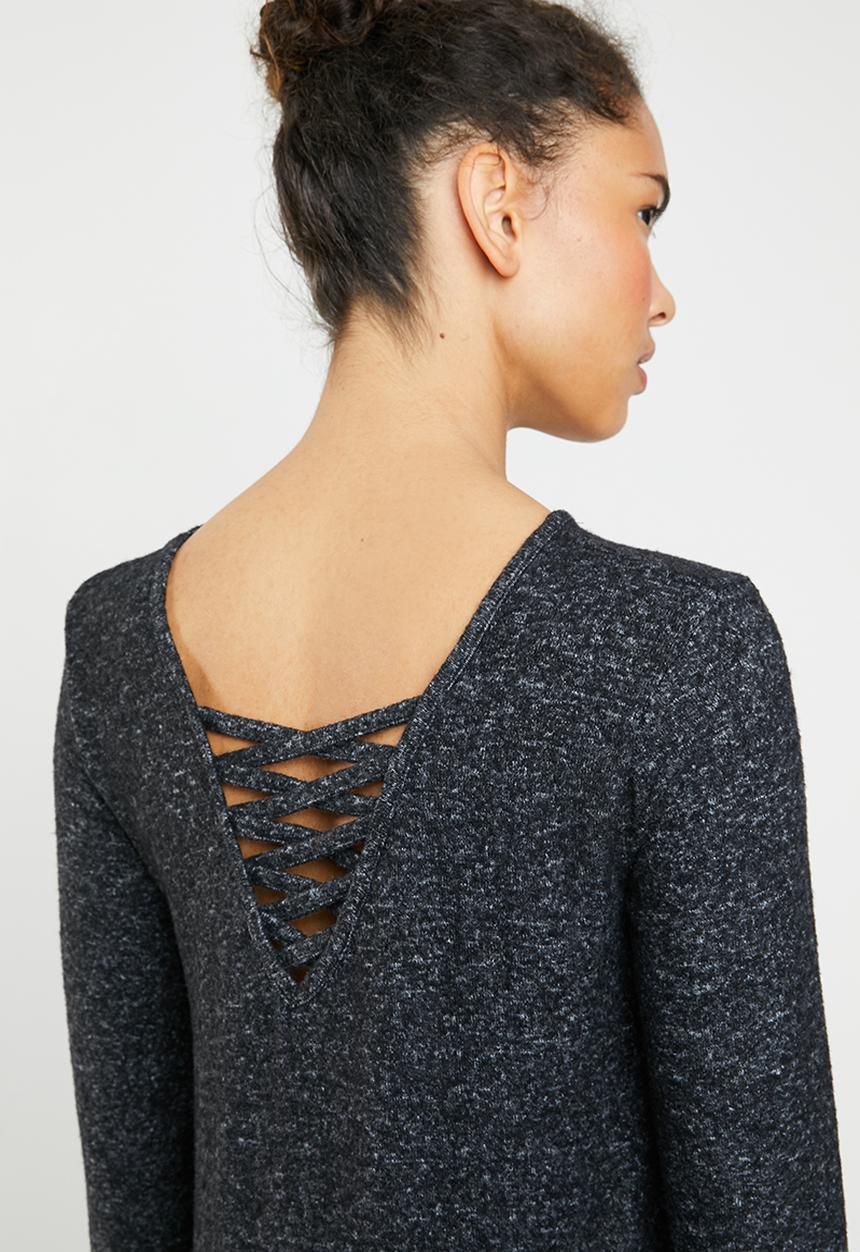 Brave Soul - Long sleeve dress with crisscross back - charcoal