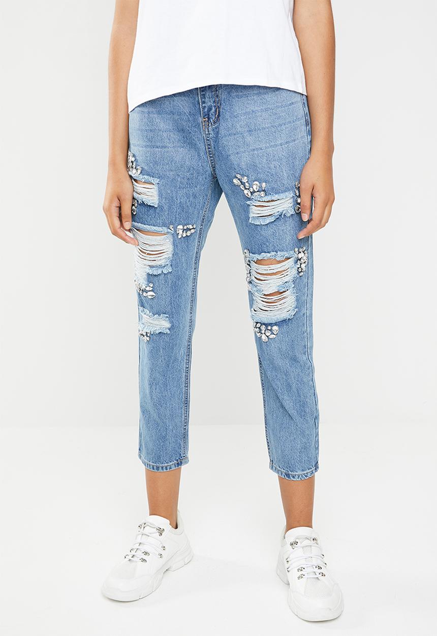 Superbalist - Ripped embellishment mom jeans - blue 