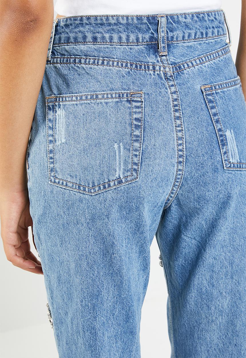 Superbalist - Ripped embellishment mom jeans - blue 