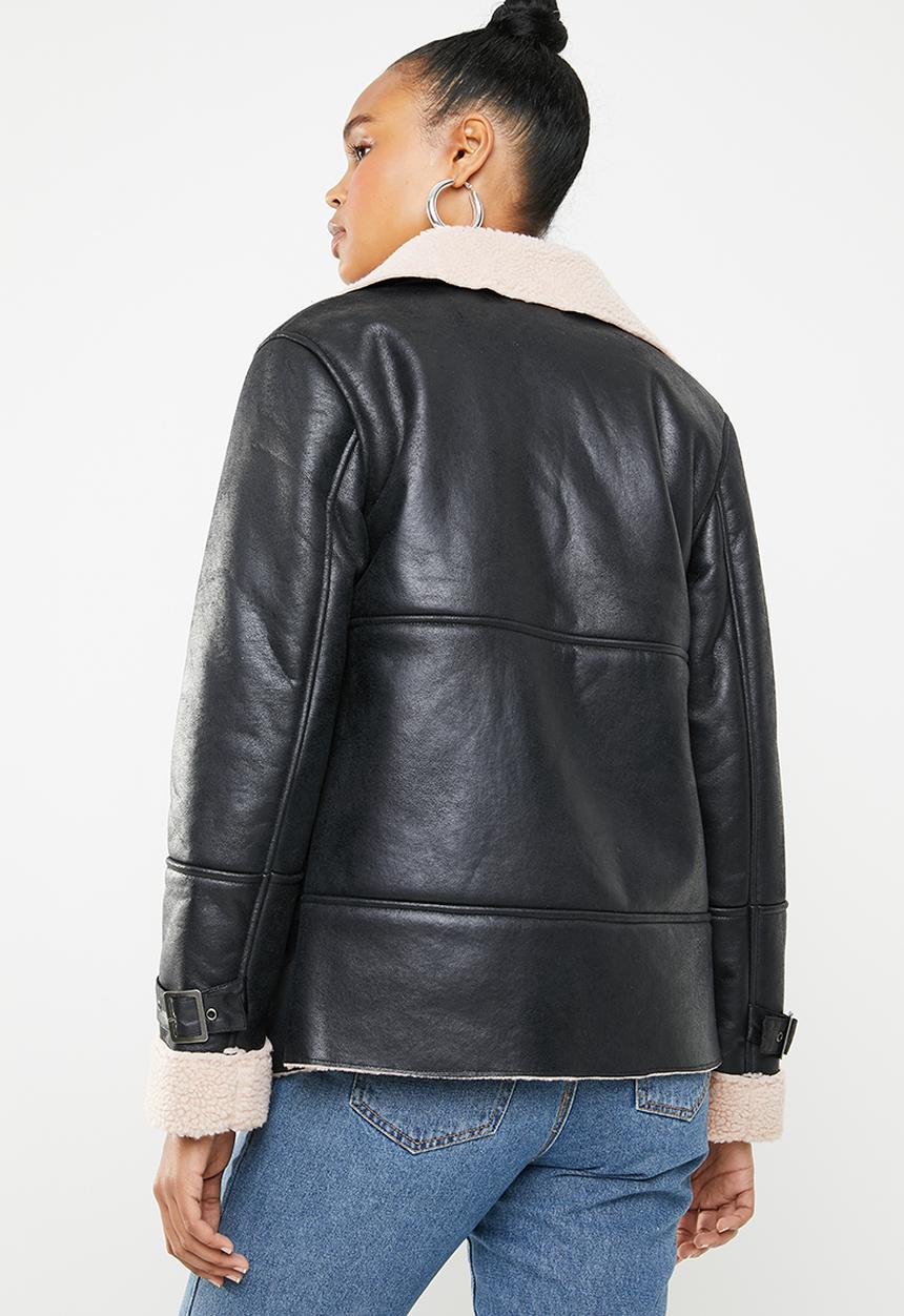 Missguided - Contrast borg aviator jacket - black