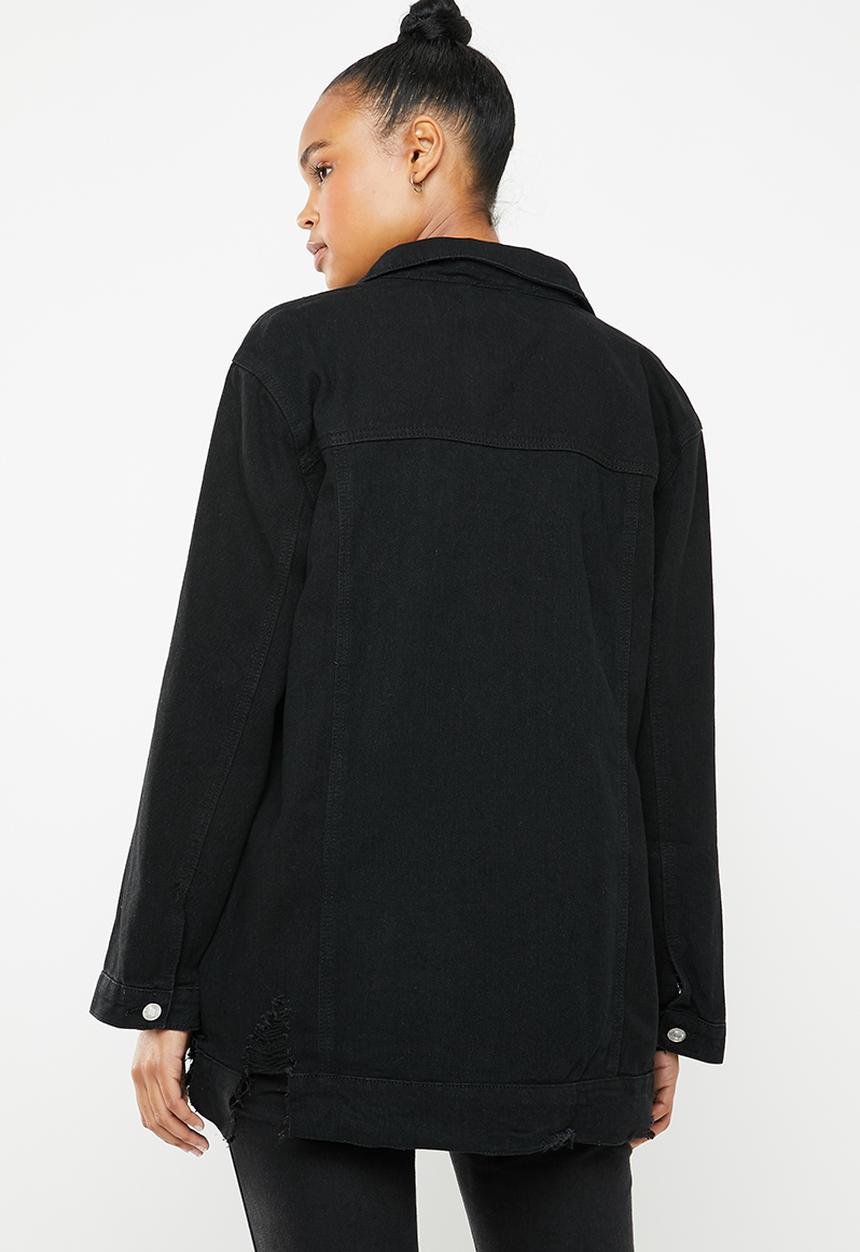 Missguided - Longline distressed denim jacket - black