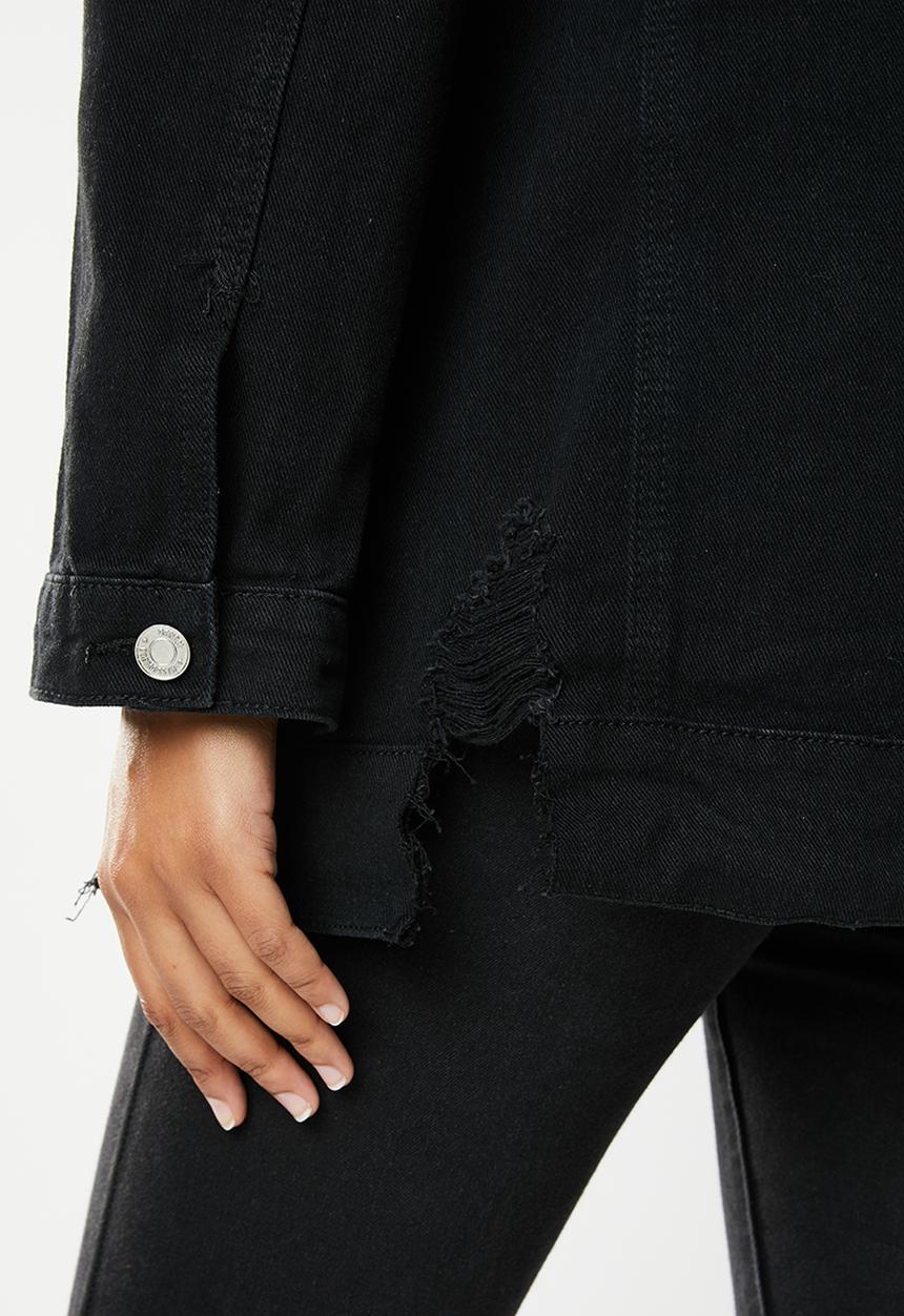 Missguided - Longline distressed denim jacket - black