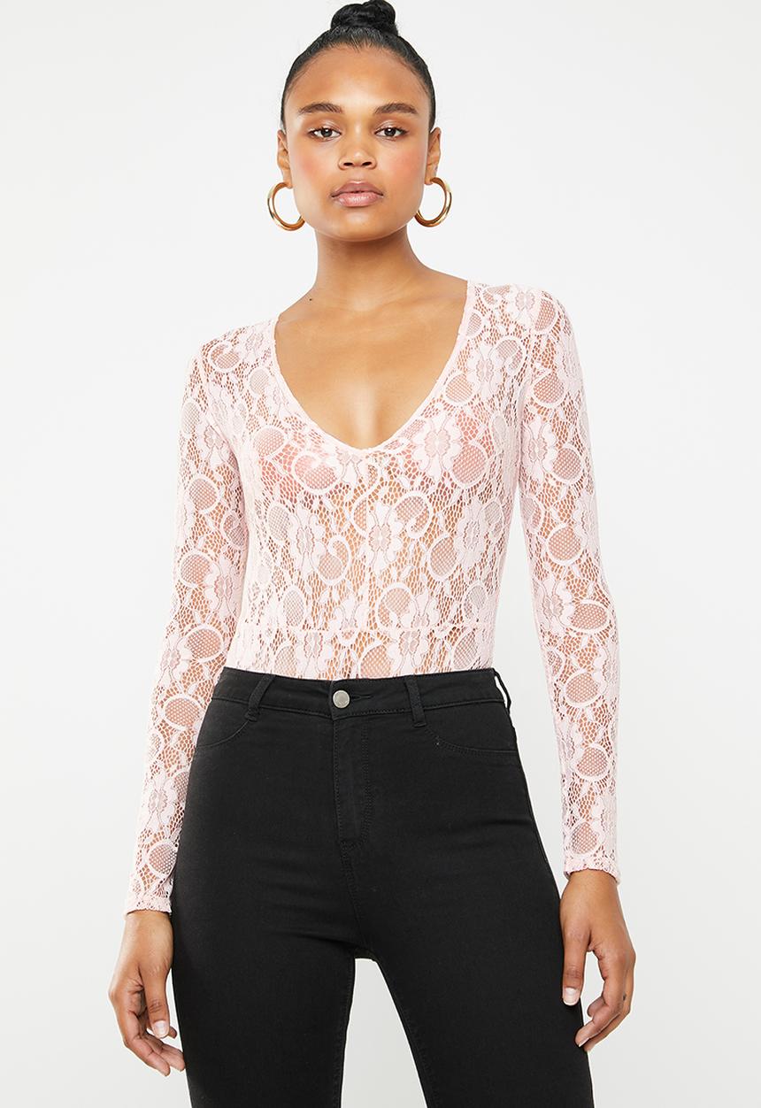 Missguided - Lace deep plunge long sleeve bodysuit - pink