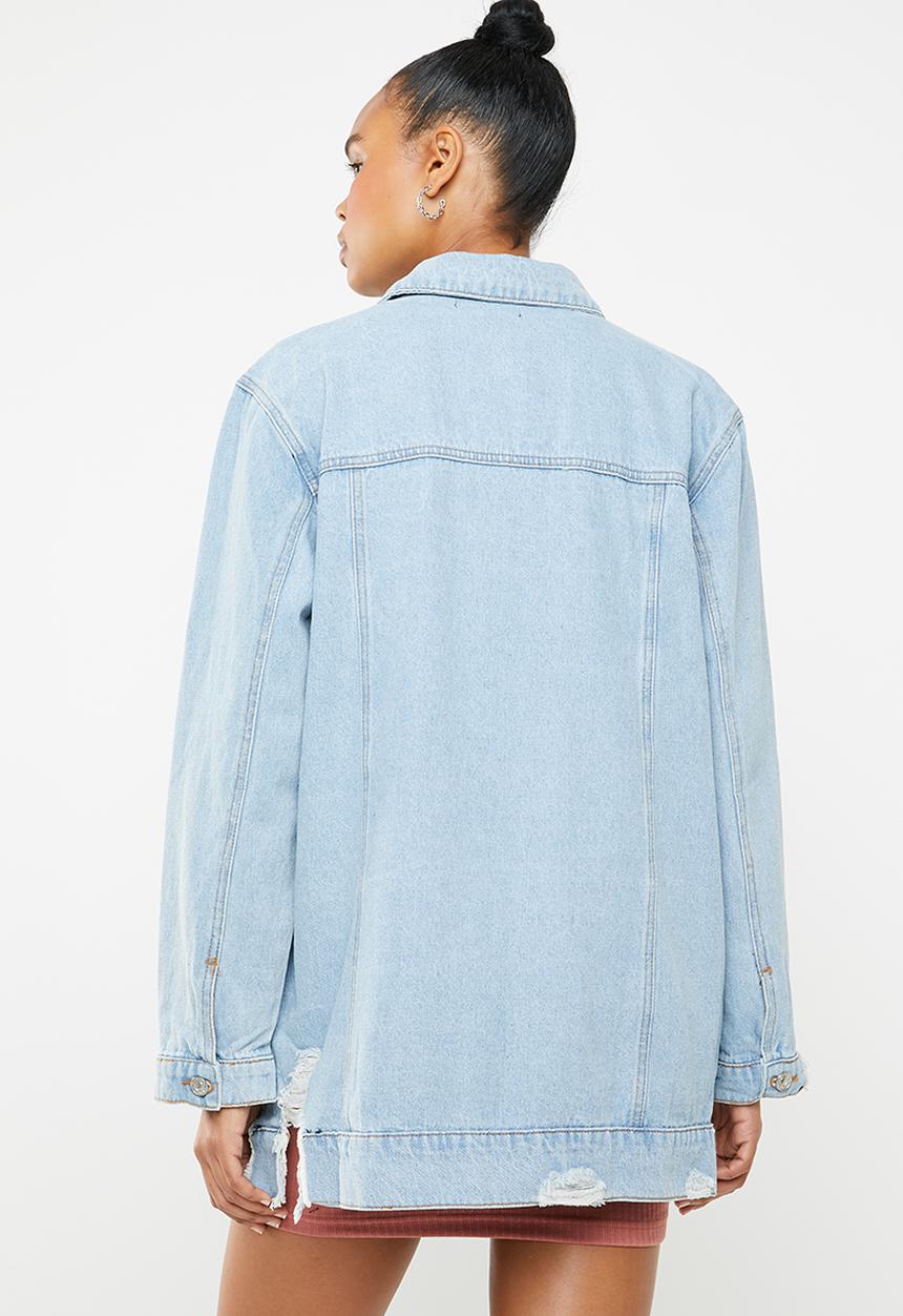 Missguided - Longline distressed denim jacket - blue