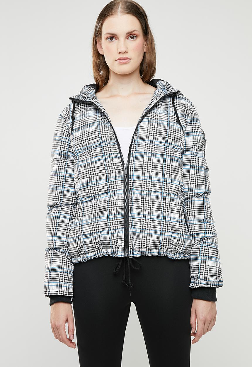 Brave Soul - All over check padded jacket with hood - blue