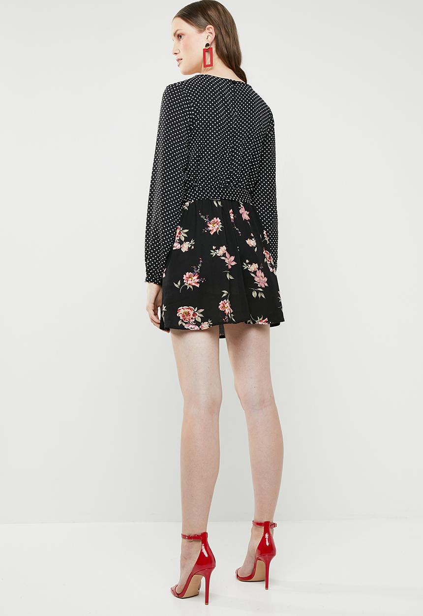 Brave Soul - Contrast print dress with tie waist - black