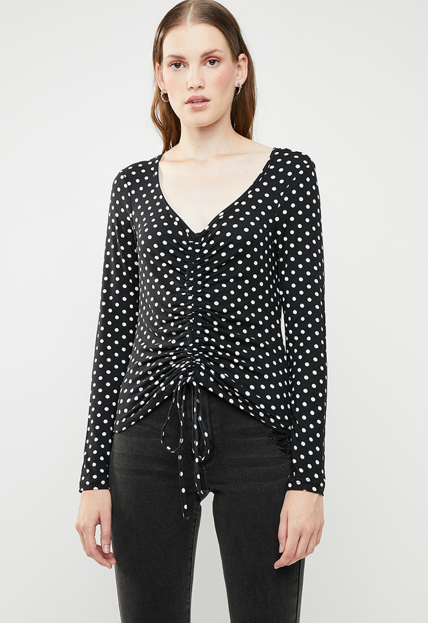 Brave Soul - Long sleeve polka dot top with ruched detail - black