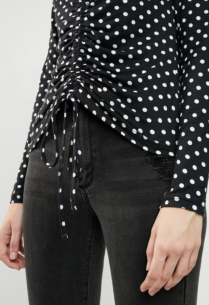 Brave Soul - Long sleeve polka dot top with ruched detail - black