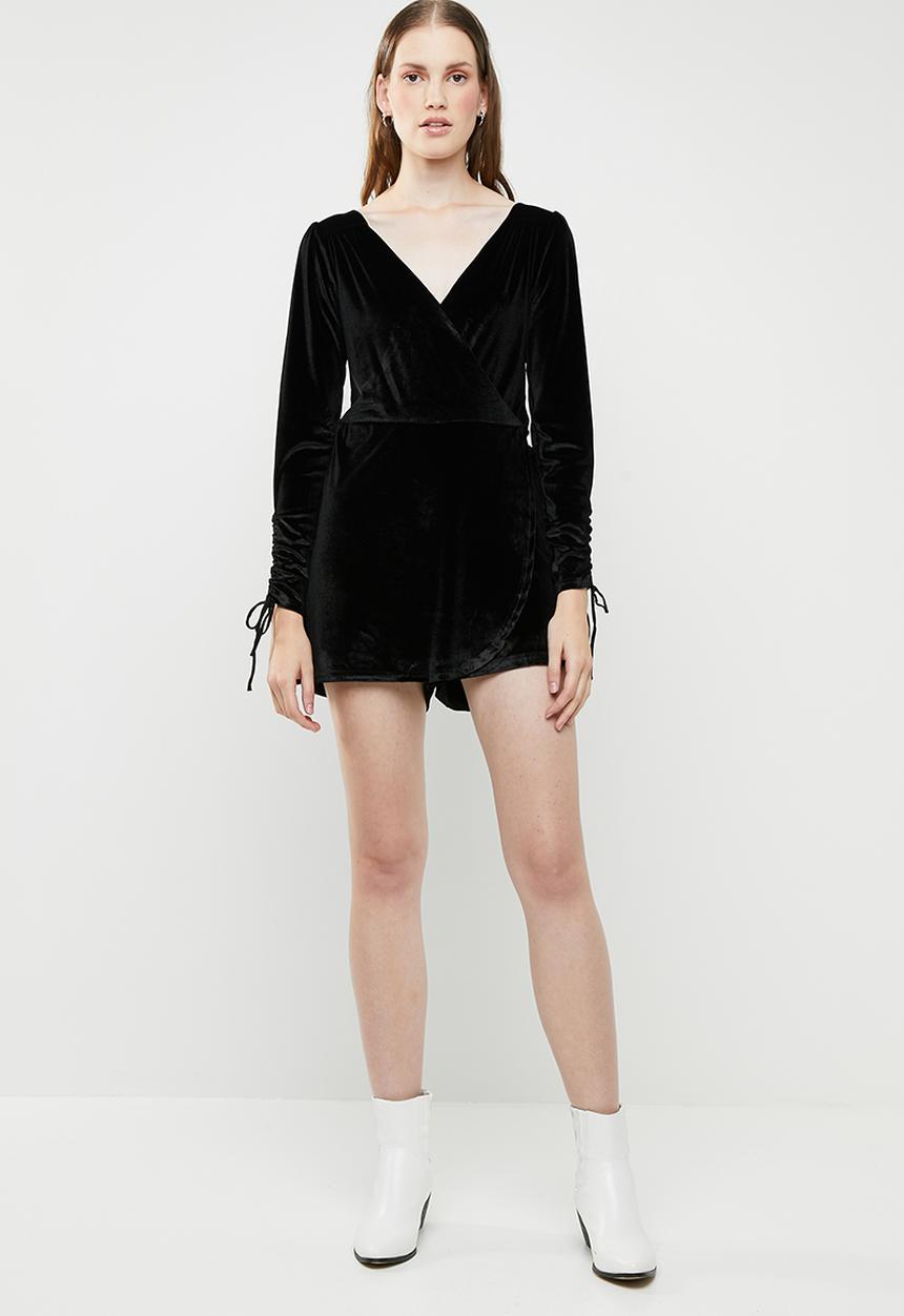 Brave Soul - V-neck playsuit with ruched sleeves - black