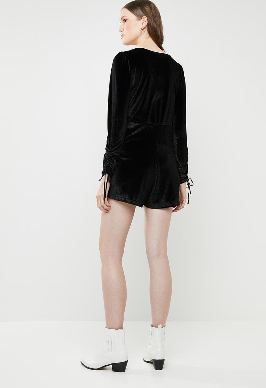 Brave Soul - V-neck playsuit with ruched sleeves - black