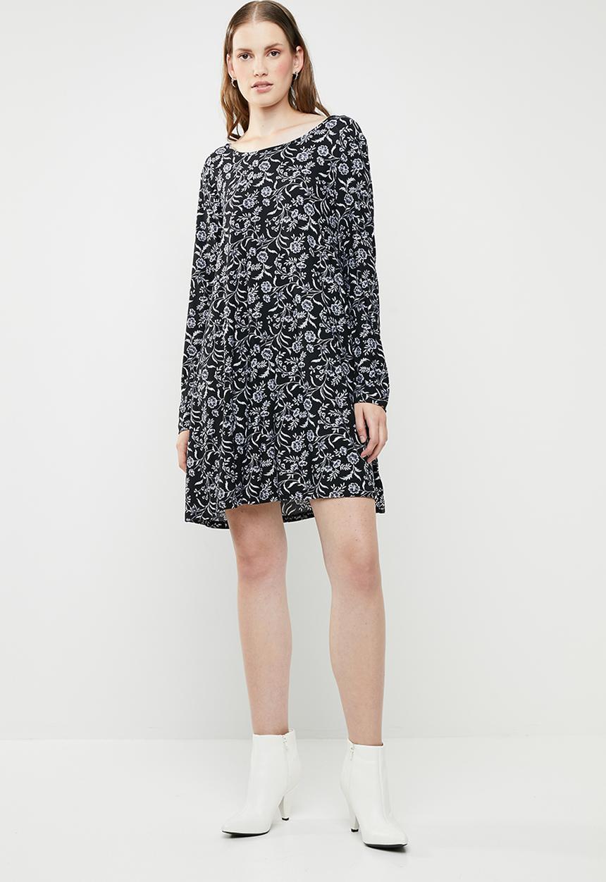 Brave Soul - Long sleeve paisley dress with tie neck - black & white