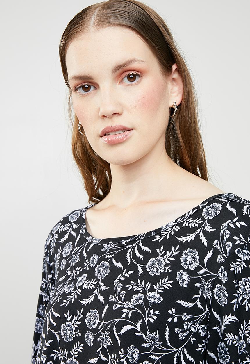 Brave Soul - Long sleeve paisley dress with tie neck - black & white