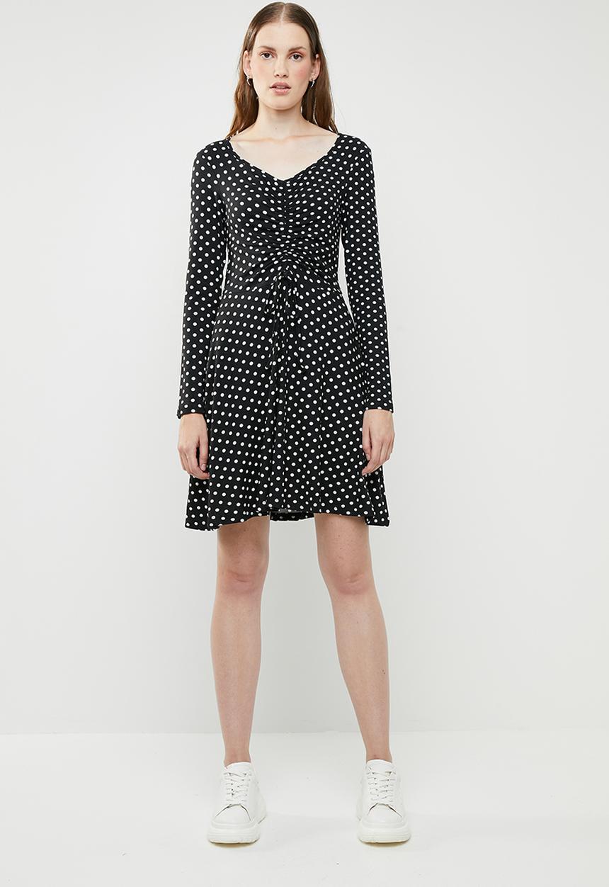 Brave Soul - Long sleeve v neck polka dot dress - black