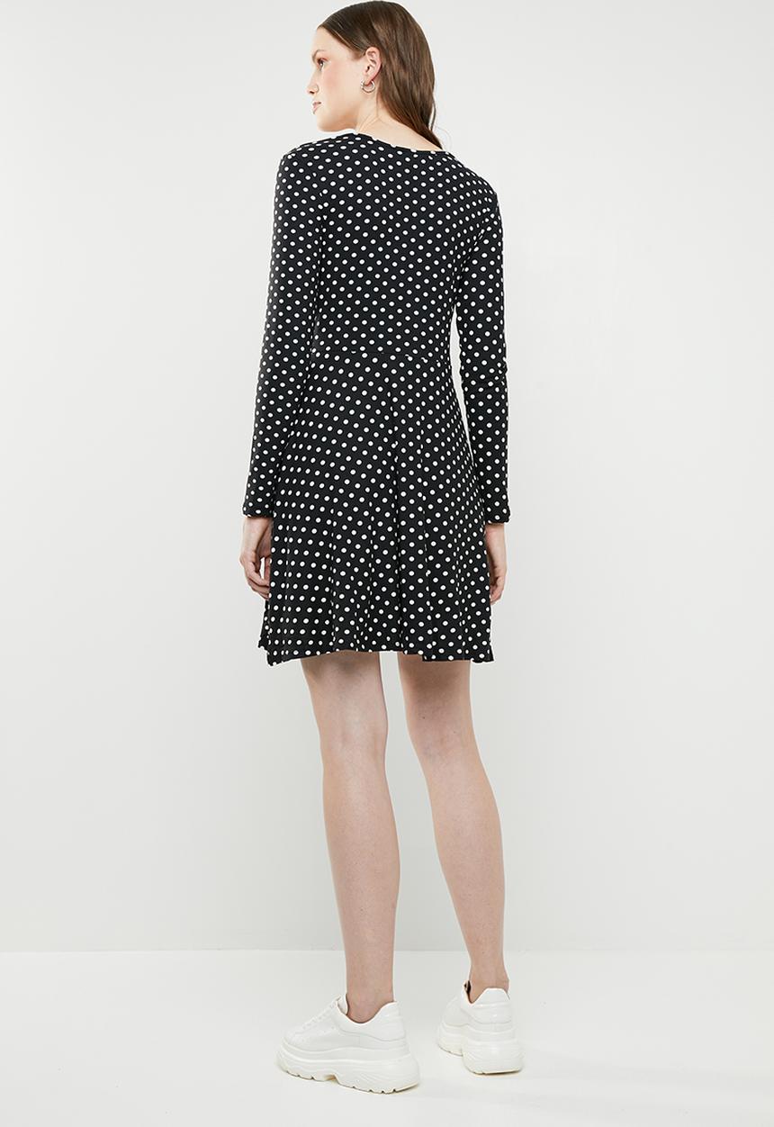 Brave Soul - Long sleeve v neck polka dot dress - black