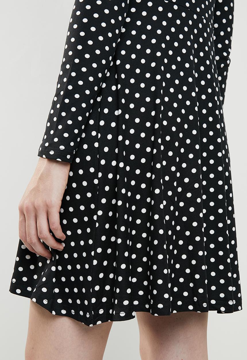 Brave Soul - Long sleeve v neck polka dot dress - black