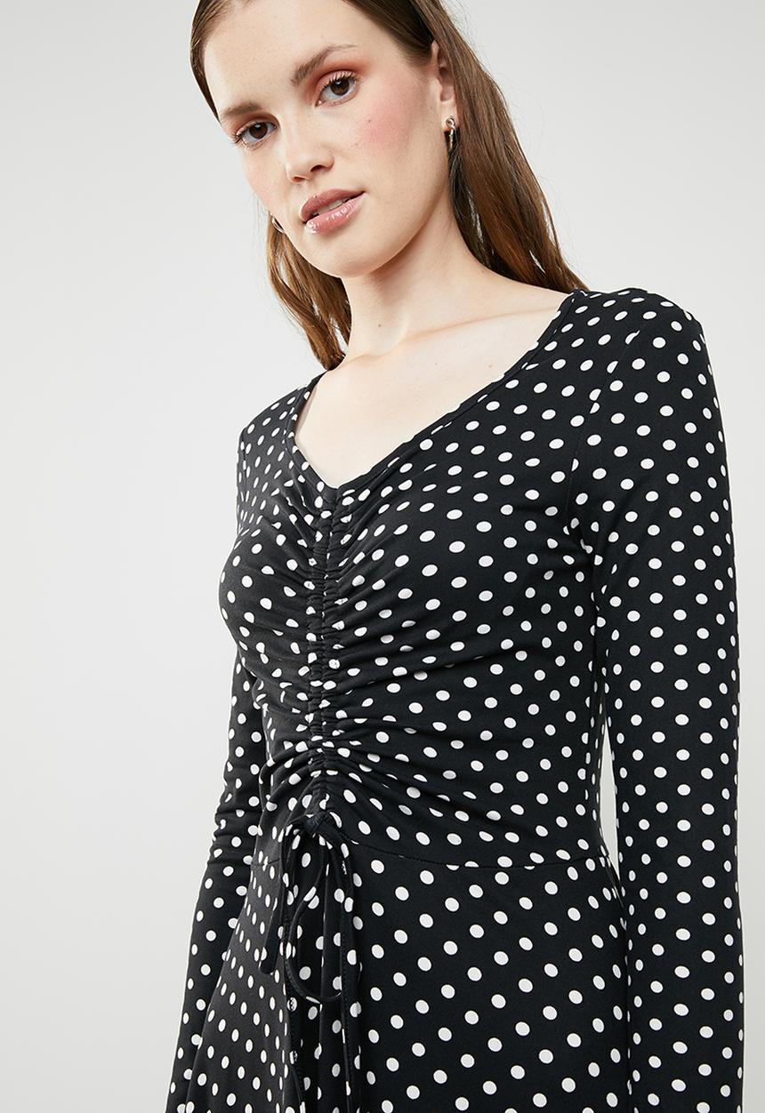 Brave Soul - Long sleeve v neck polka dot dress - black