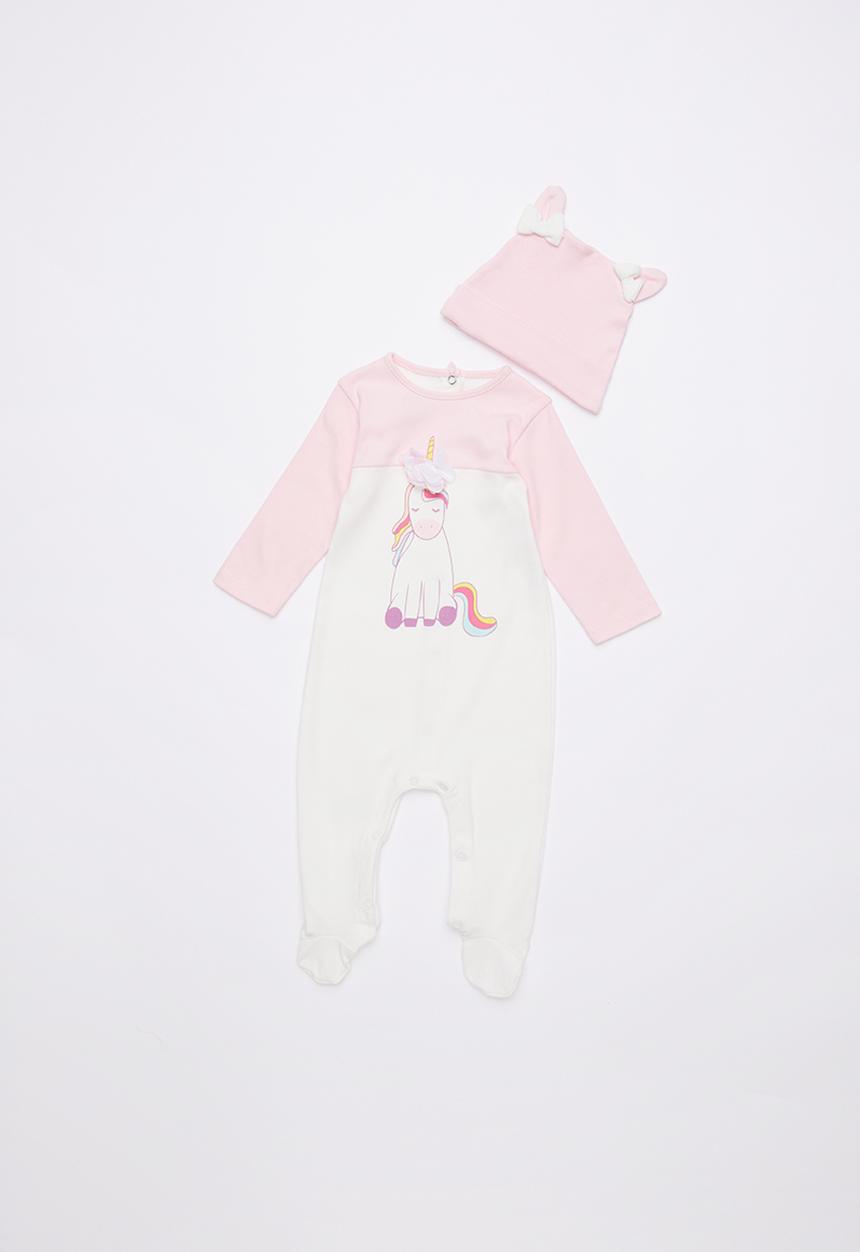 Baby Corner - Unicorn patterned sleepsuit & hat set - pink & white