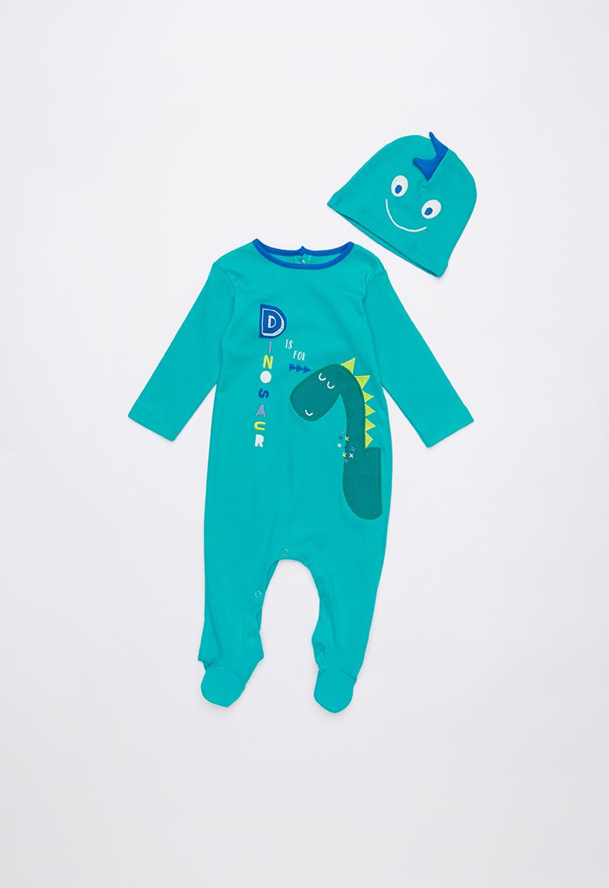 Baby Corner - Dino 2 pack printed sleepsuit & hat set - green