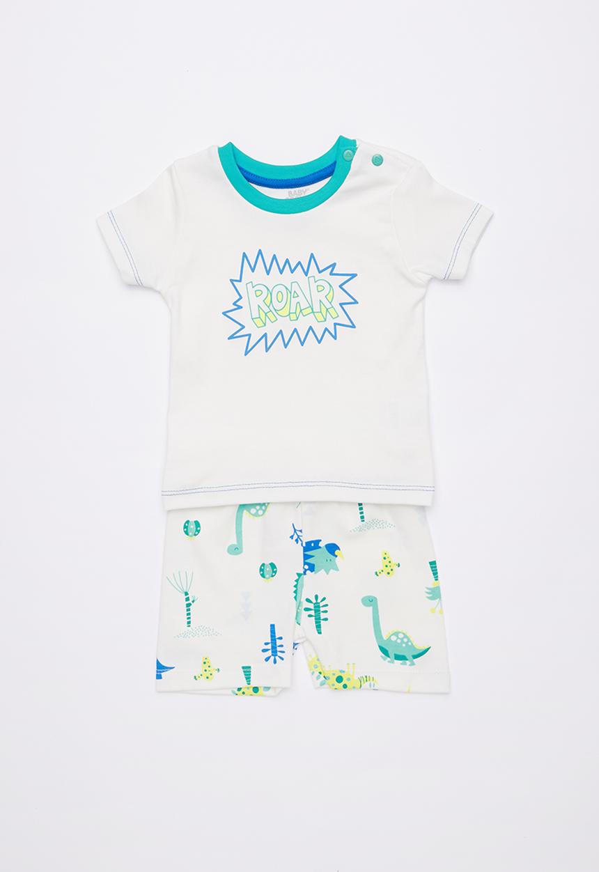 Baby Corner - Dino roar 2 piece printed tee & short set - white 