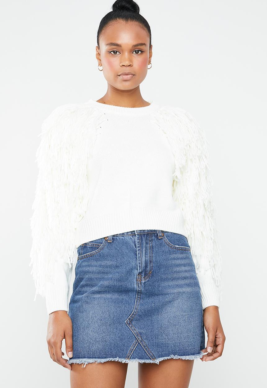 Missguided - Fringe tassel sleeve cropped jumper - white