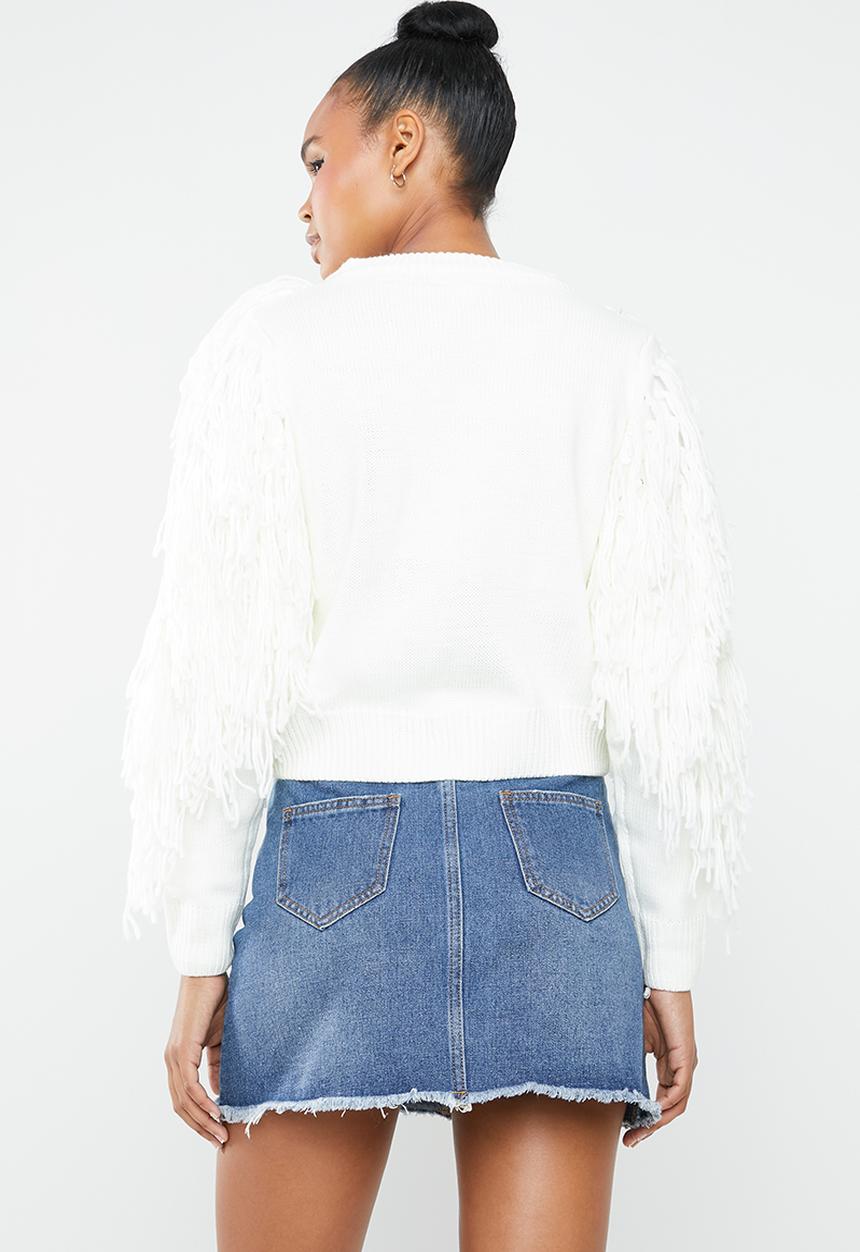 Missguided - Fringe tassel sleeve cropped jumper - white