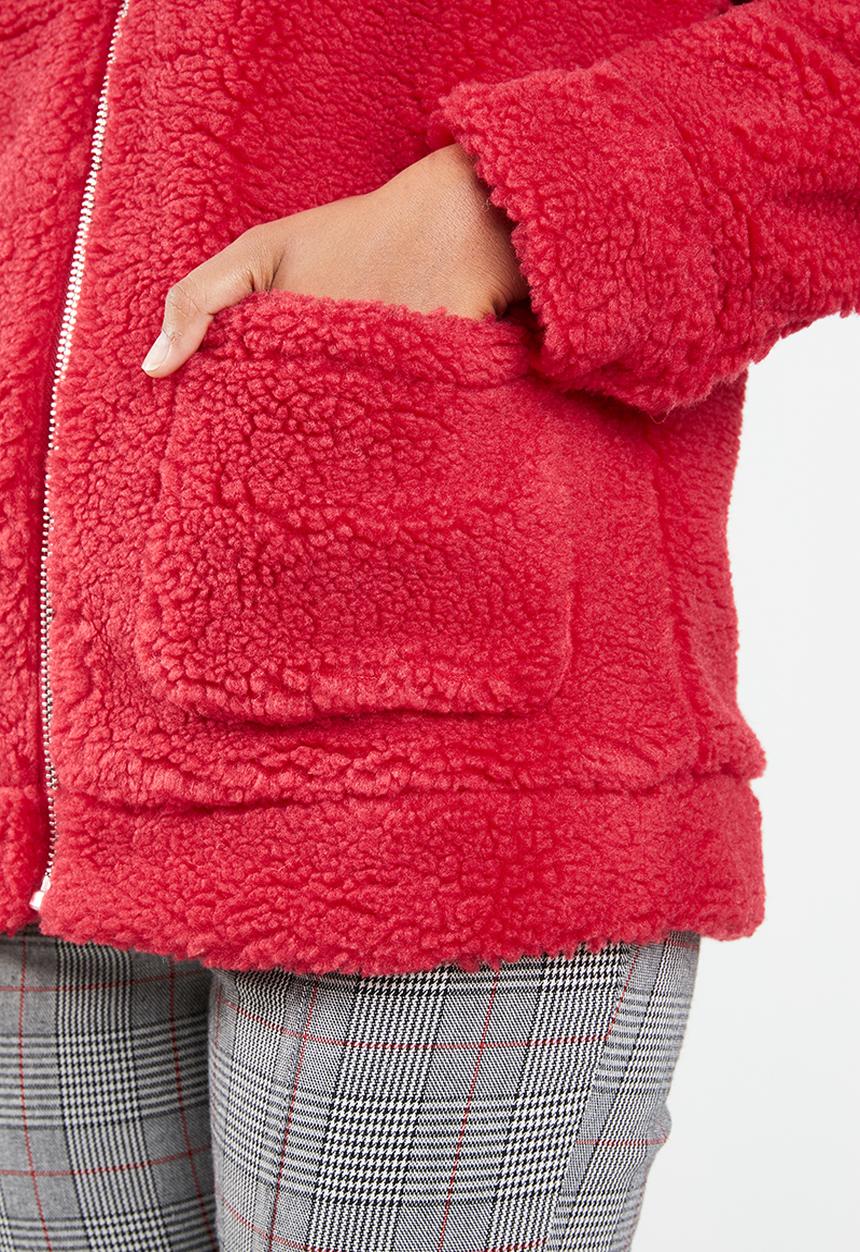 Missguided - Oversized borg zip through jacket - red