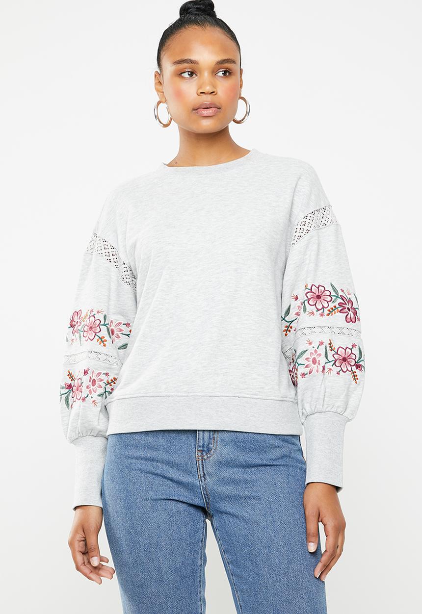 ONLY - Lisa embroidered balloon sleeve sweater - grey