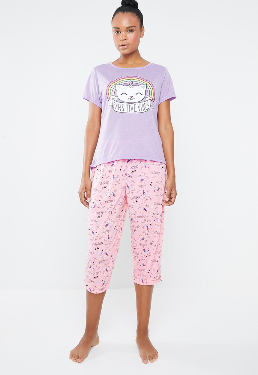 c(inch) - Sleep tee & capri pants sleep set - pink & purple 