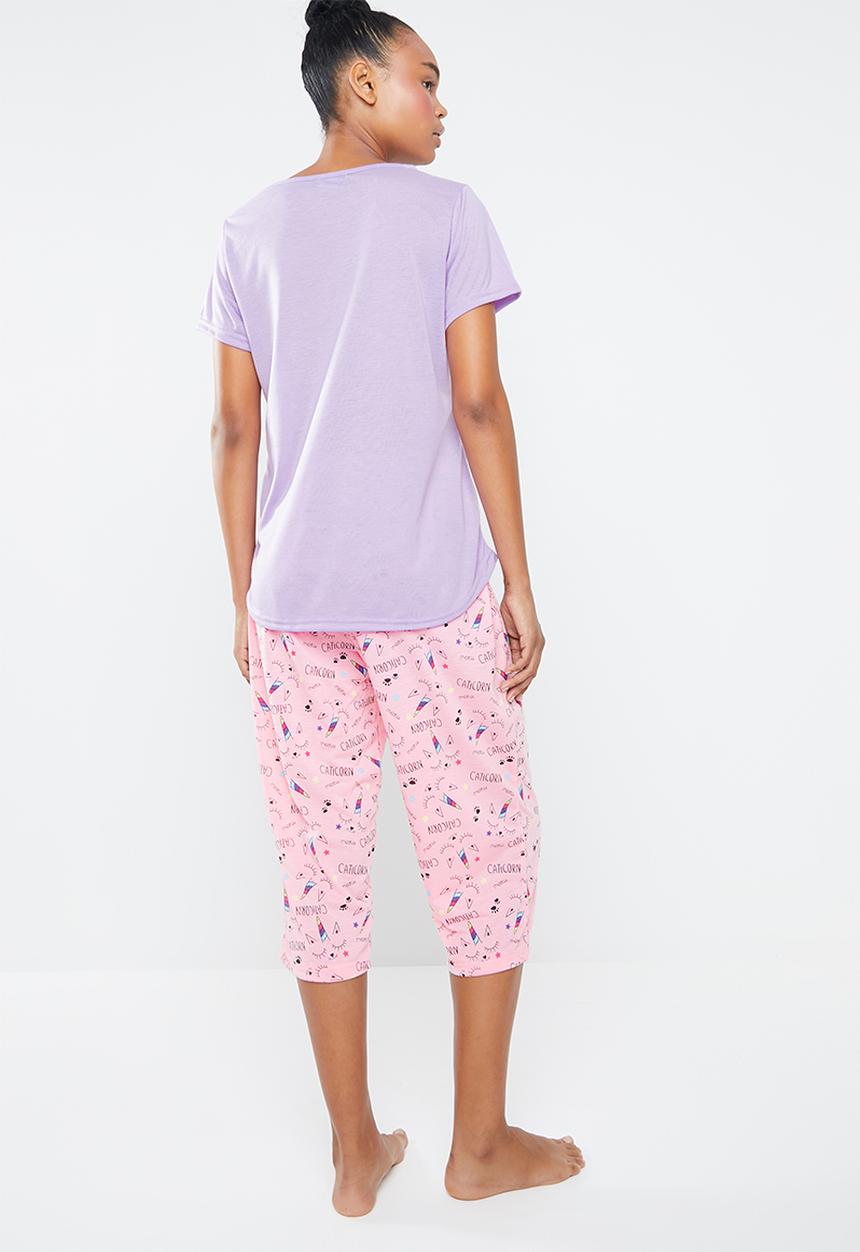 c(inch) - Sleep tee & capri pants sleep set - pink & purple 