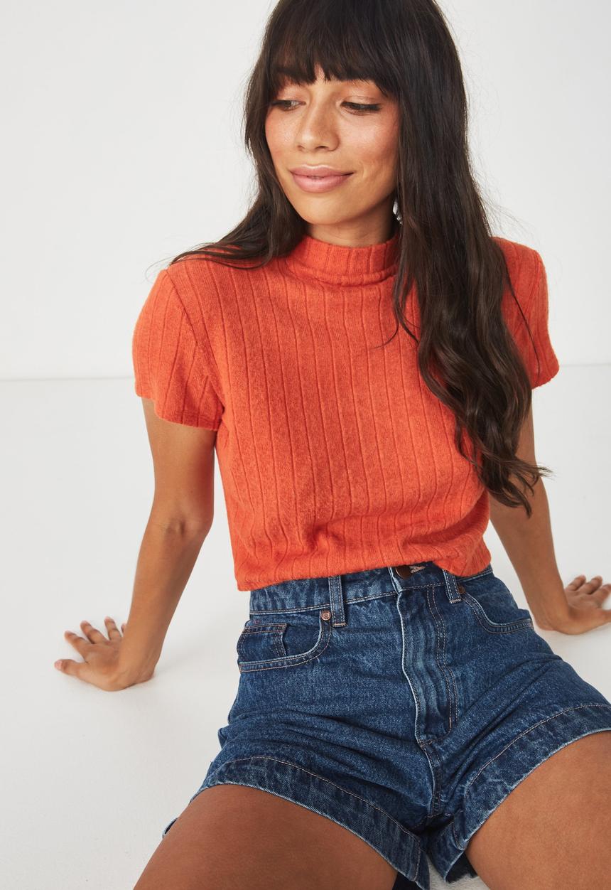 Cotton On - Mock neck texture short sleeve top - orange