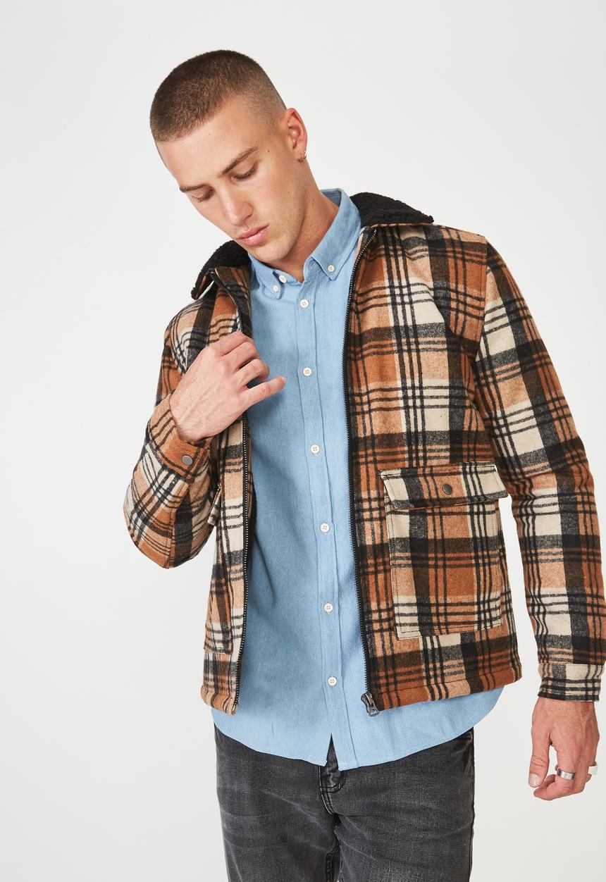 Cotton On - Sherpa check trucker jacket - brown & black