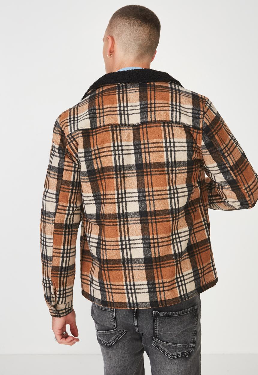 Cotton On - Sherpa check trucker jacket - brown & black