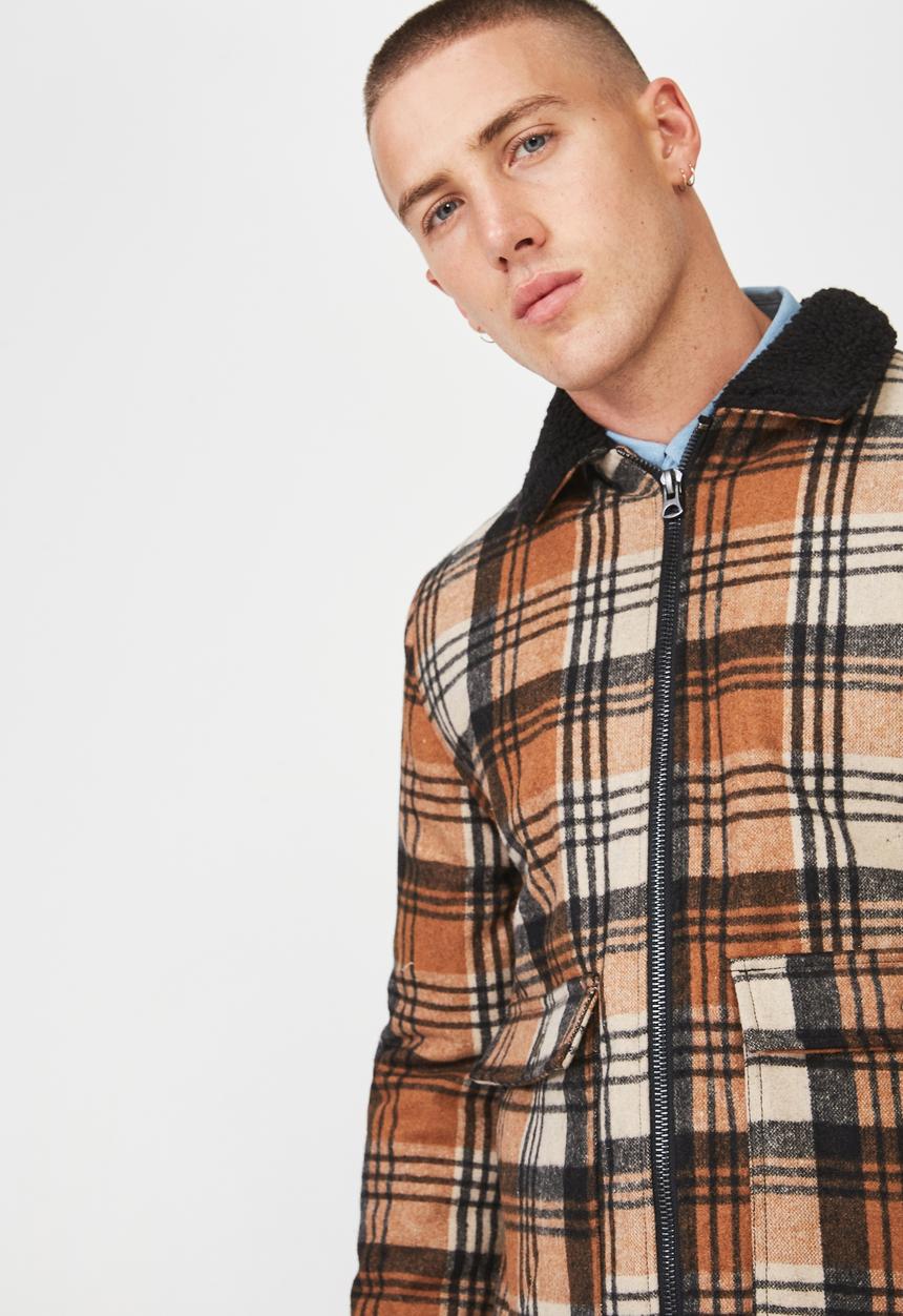 Cotton On - Sherpa check trucker jacket - brown & black