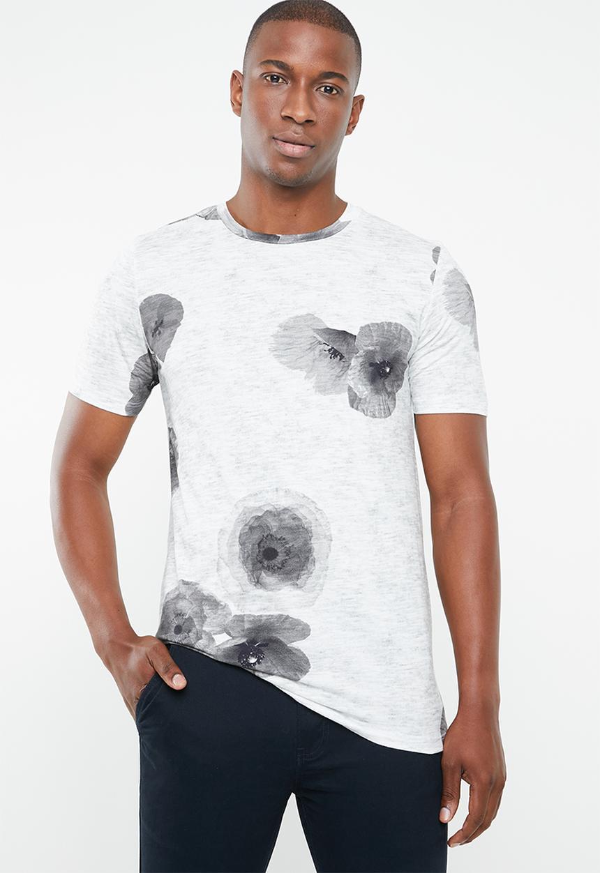 Selected Homme - Halex big flower O-neck tee - white & grey