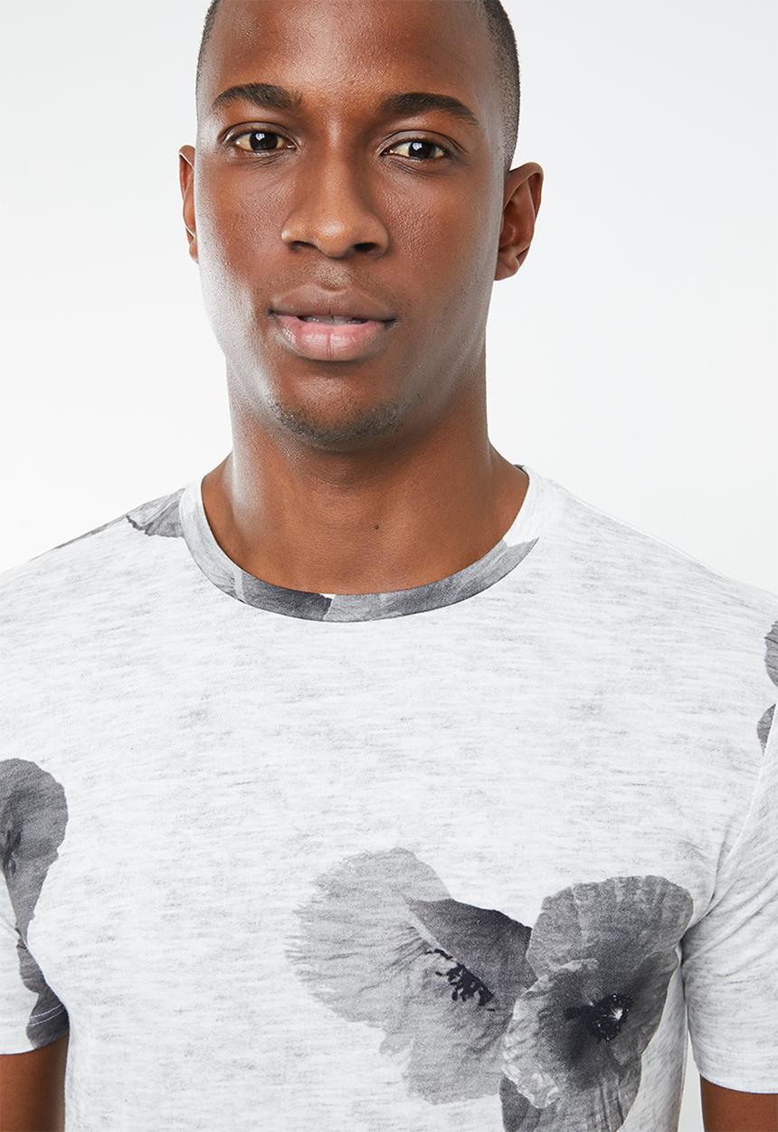 Selected Homme - Halex big flower O-neck tee - white & grey