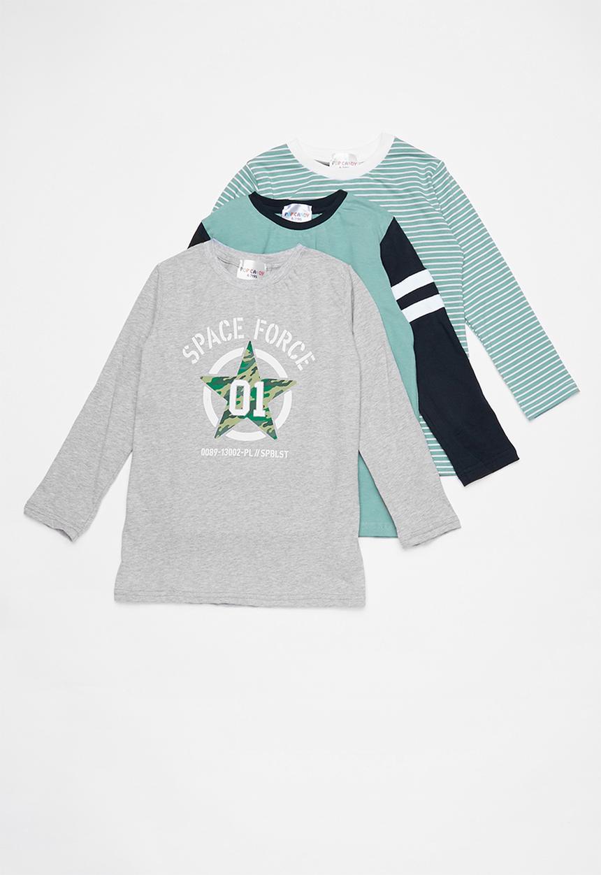 Pop Candy - Kids 3 pack long sleeve top - grey & green