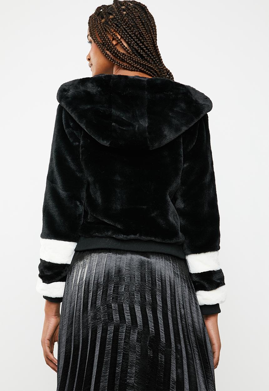 Brave Soul - Faux fur hoodie stripey jacket with ribbed cuffs - black
