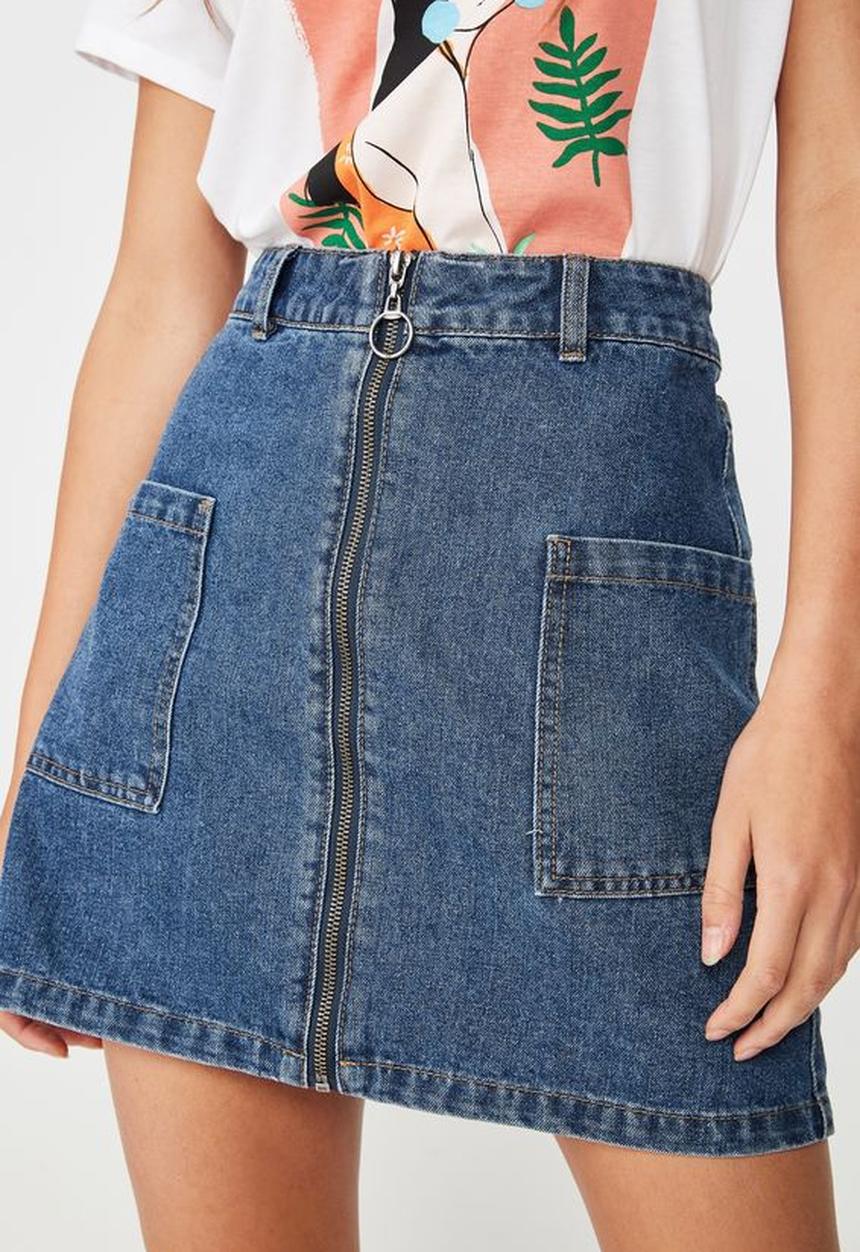 Cotton On - A line zip front denim skirt - blue