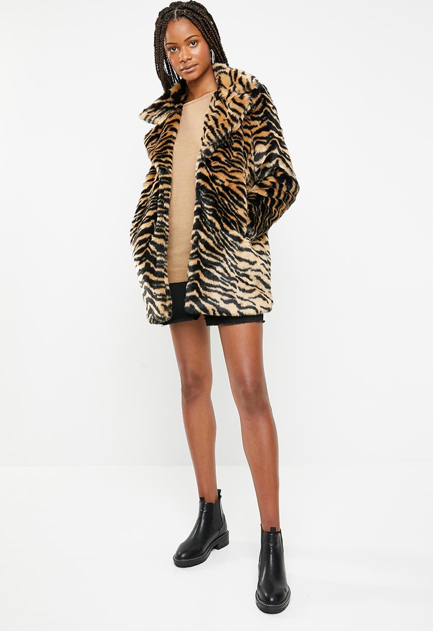 Missguided - Faux fur tiger coat - black & tan