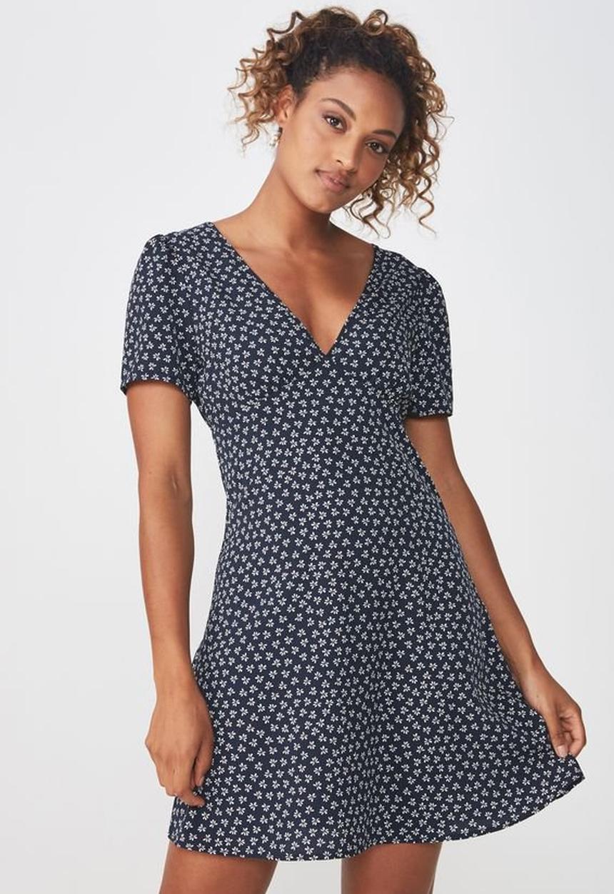 Cotton On - Woven dotti deep v dress - navy & white