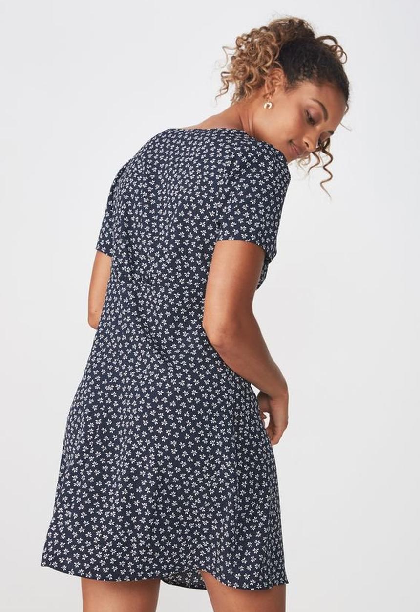Cotton On - Woven dotti deep v dress - navy & white