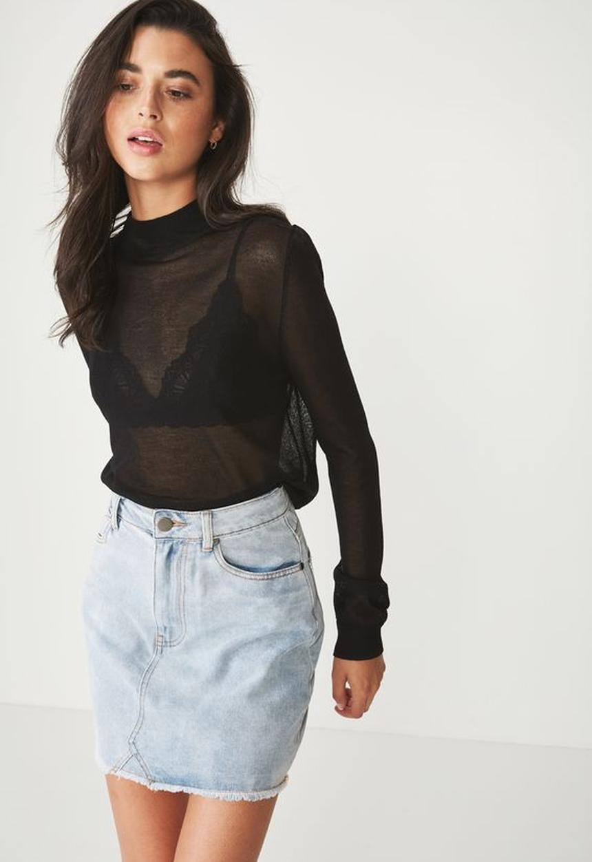 Cotton On - Alexis sheer cropped mock neck top - black
