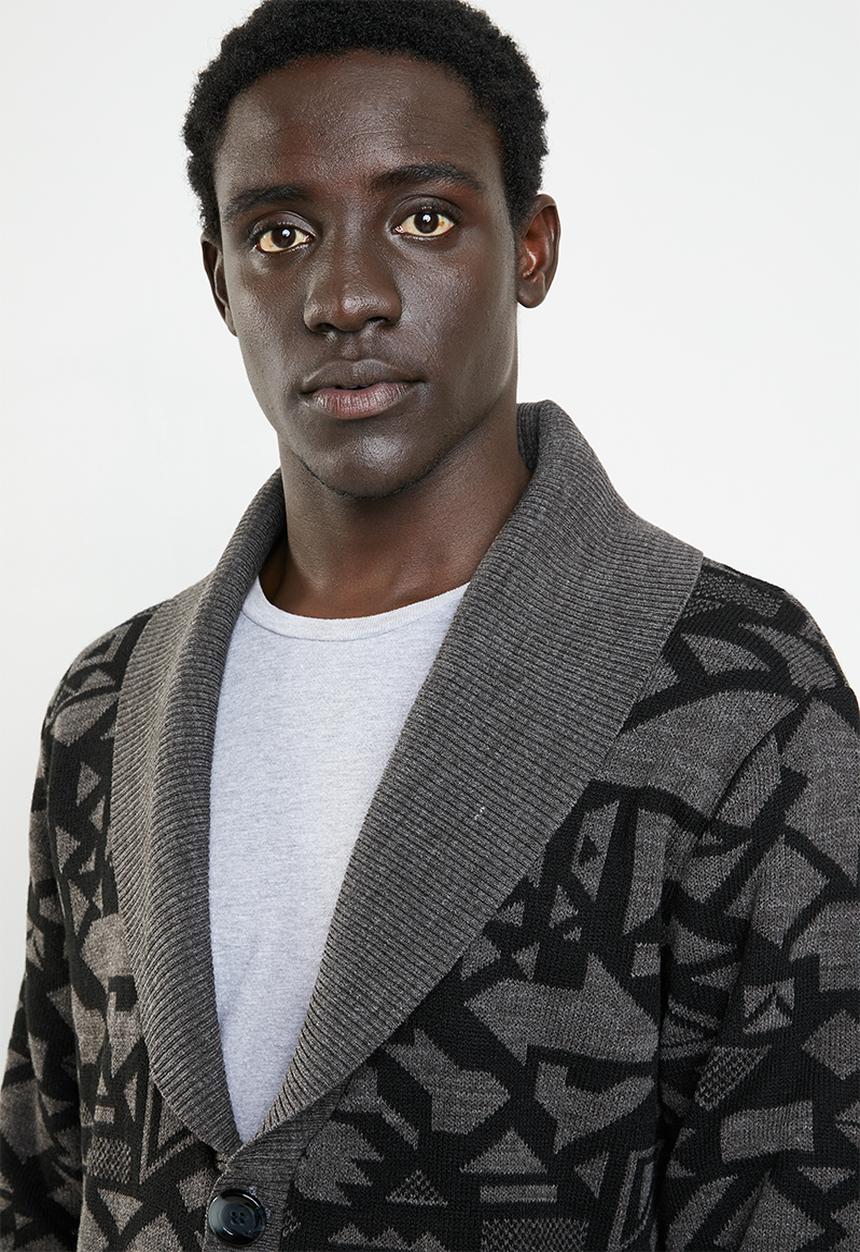Superbalist - Chunky shawl collar pattern cardi - grey & black