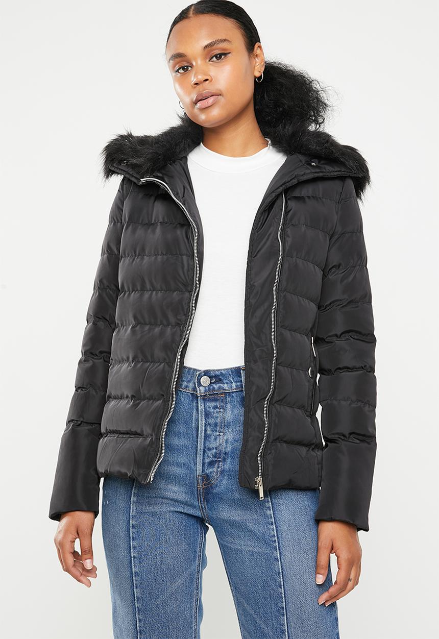 Brave Soul - Padded jacket with detachable faux fur collar - black