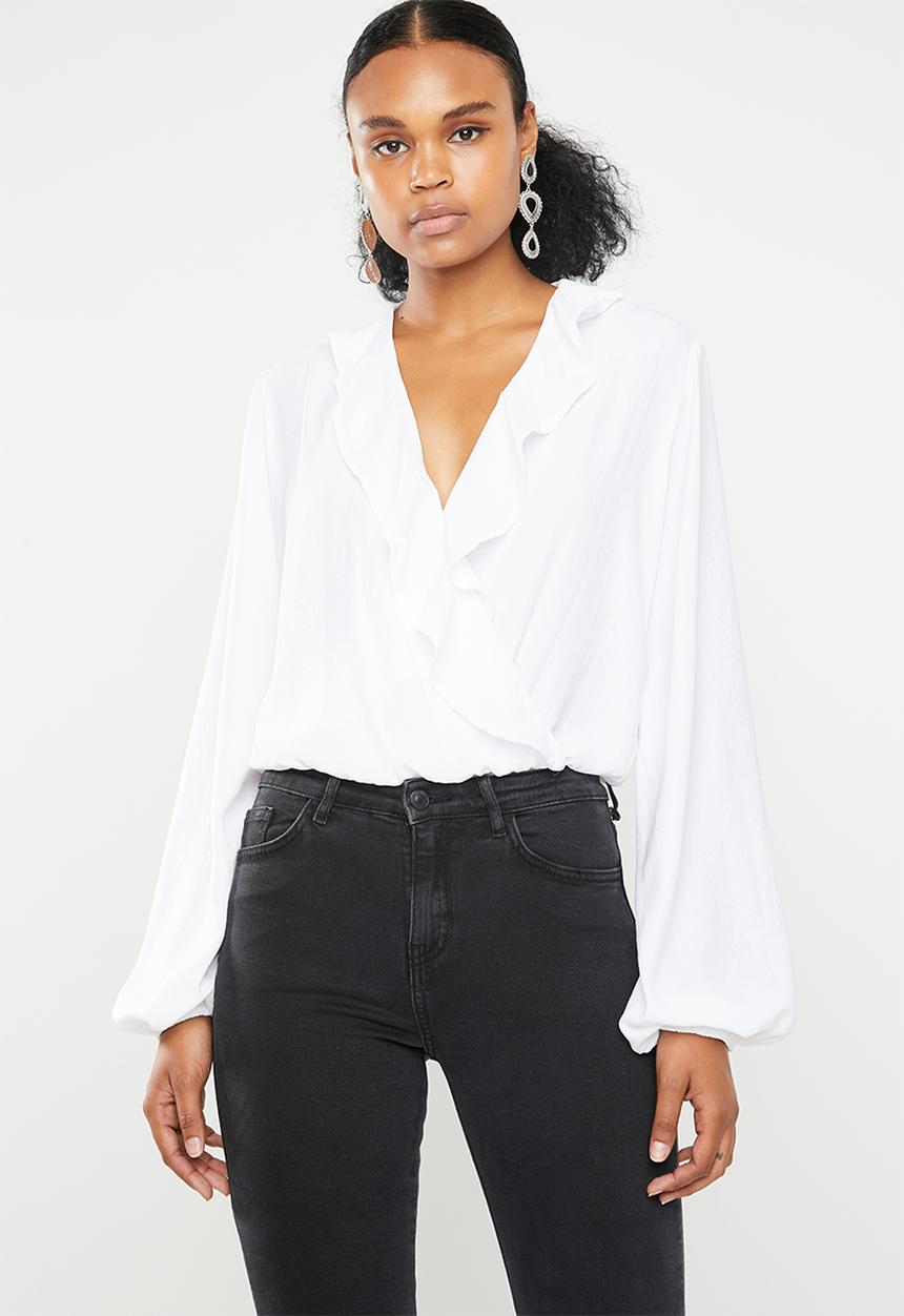 Superbalist - Wrap front ruffle bodysuit - white