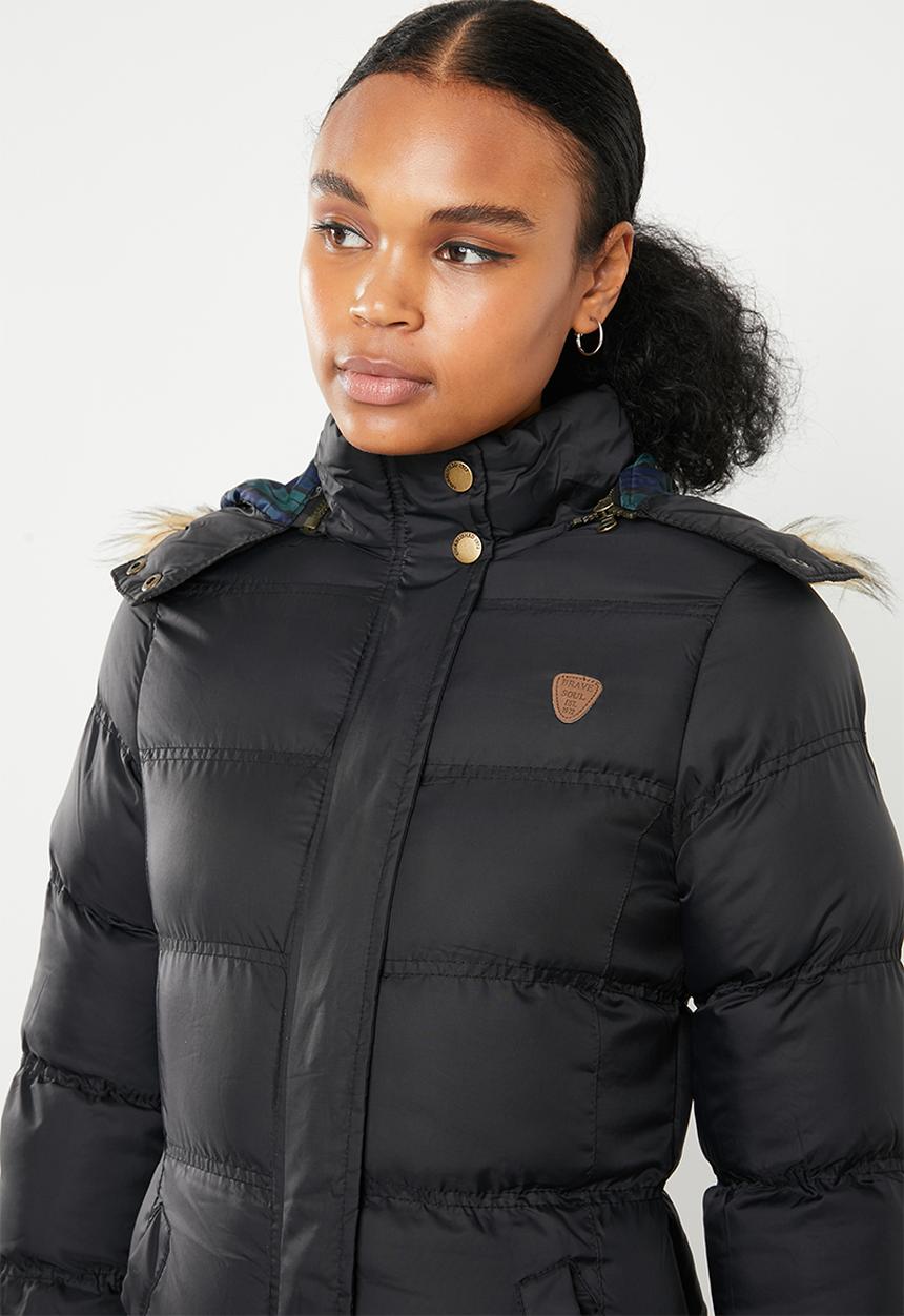 Brave Soul - Longer length padded jacket with detachable hood - black