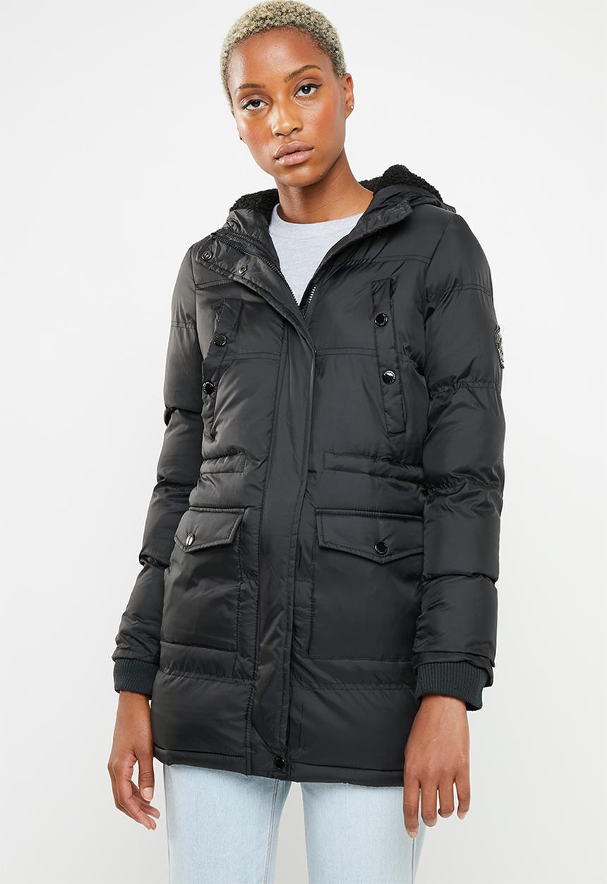 Brave Soul - Padded parka with lined hood and ribbed cuffs - black