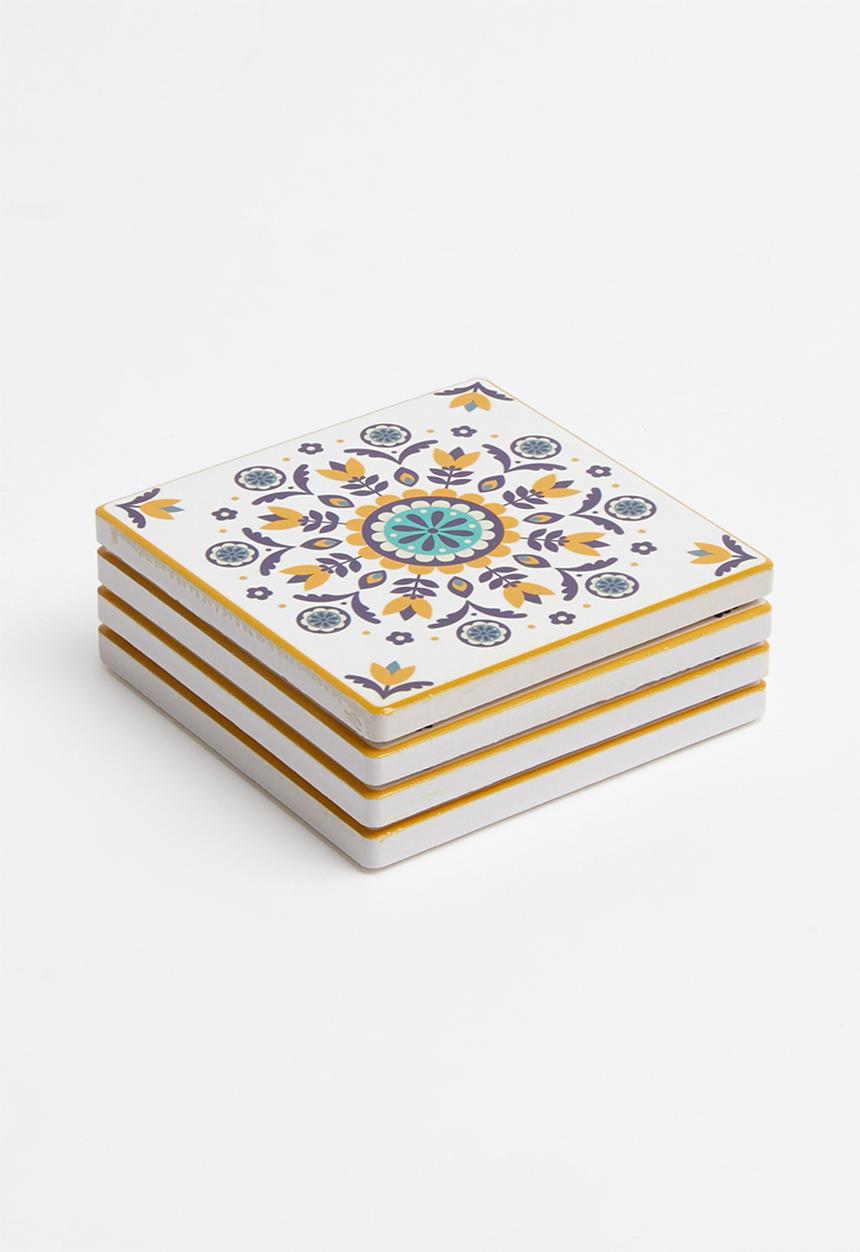 Kitchen Craft - Ceramic cork back coasters set of 4 - mustard floral