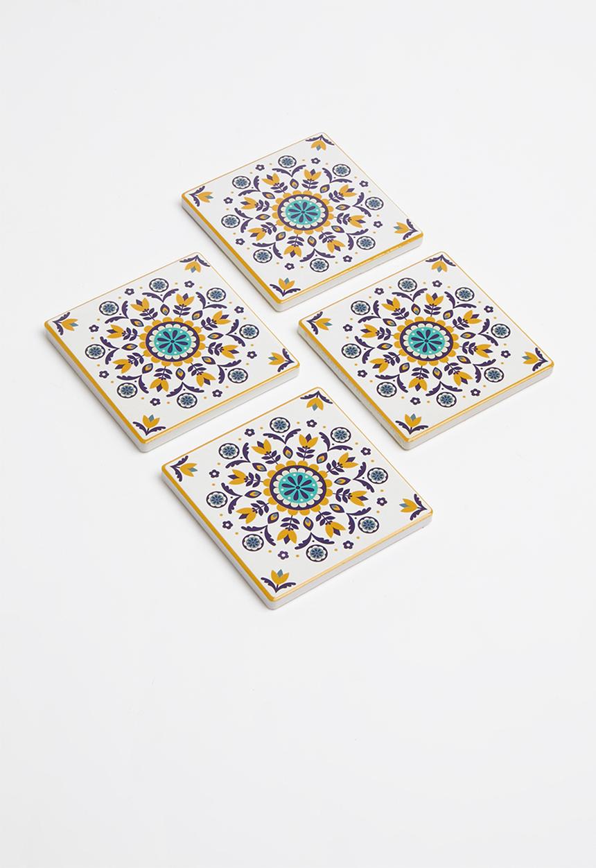 Kitchen Craft - Ceramic cork back coasters set of 4 - mustard floral
